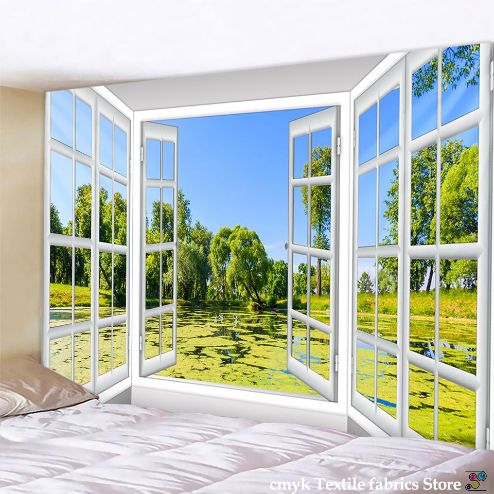 3D Landscape Painting Outside The Window Wall Tapestry Psychedelic Witchcraft Nordic Style Home Decoration Painting Wall Hanging