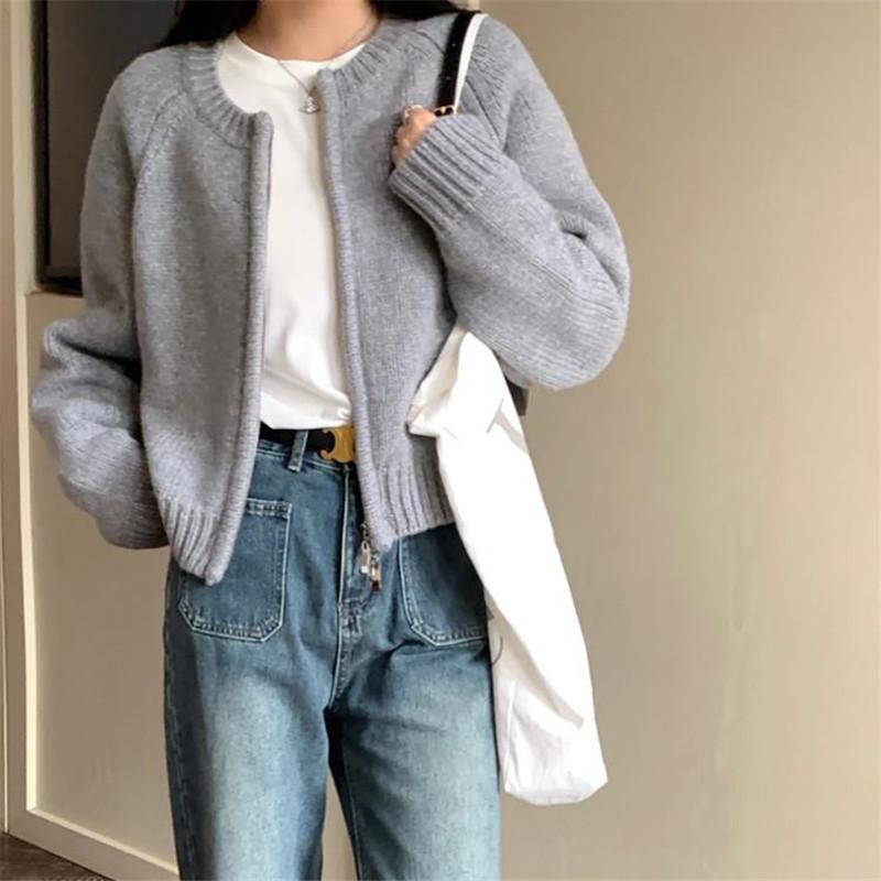 

Серый короткий свитер-пальто для женщин осень-зима свободный утолщенный на молнии с длинным рукавом вязаный кардиган топ One Size серый