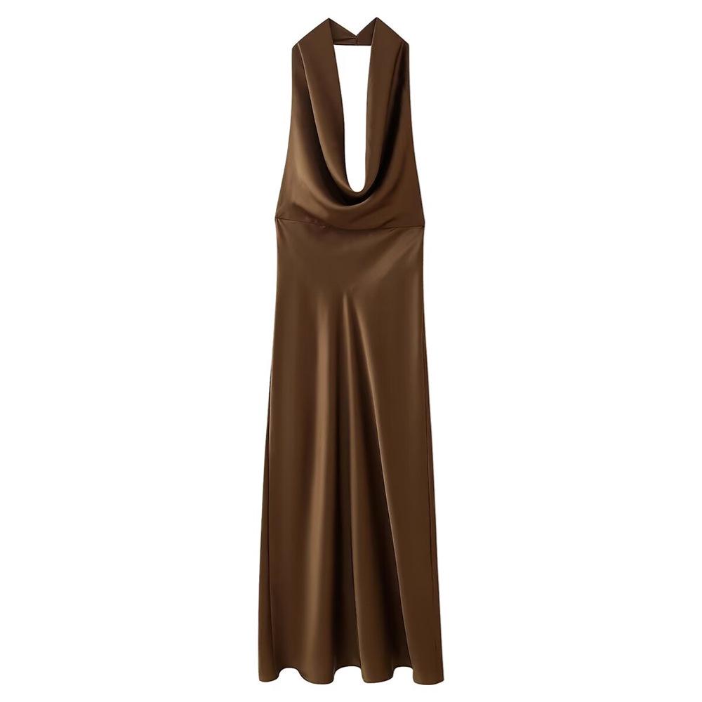2025 Spring/Summer Women's Backless Halter Cowl Neck Silk Satin Midi Dress