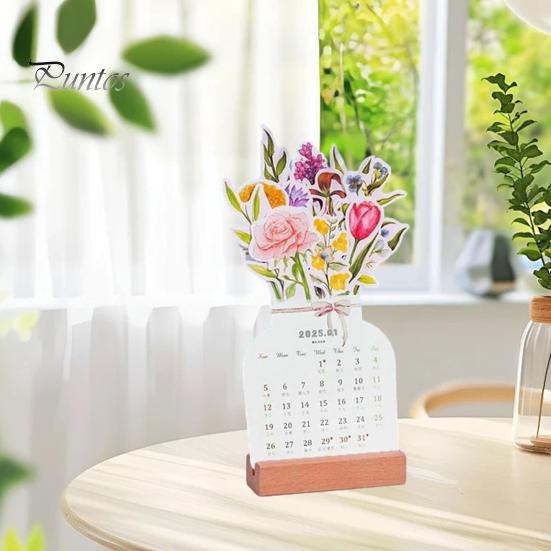 2025 Bloomy Flower Calendar Bloomy Flowers Desk Calendar with Wooden Base Daily Schedule Planner for Bookmark Postcard Wall Decoration