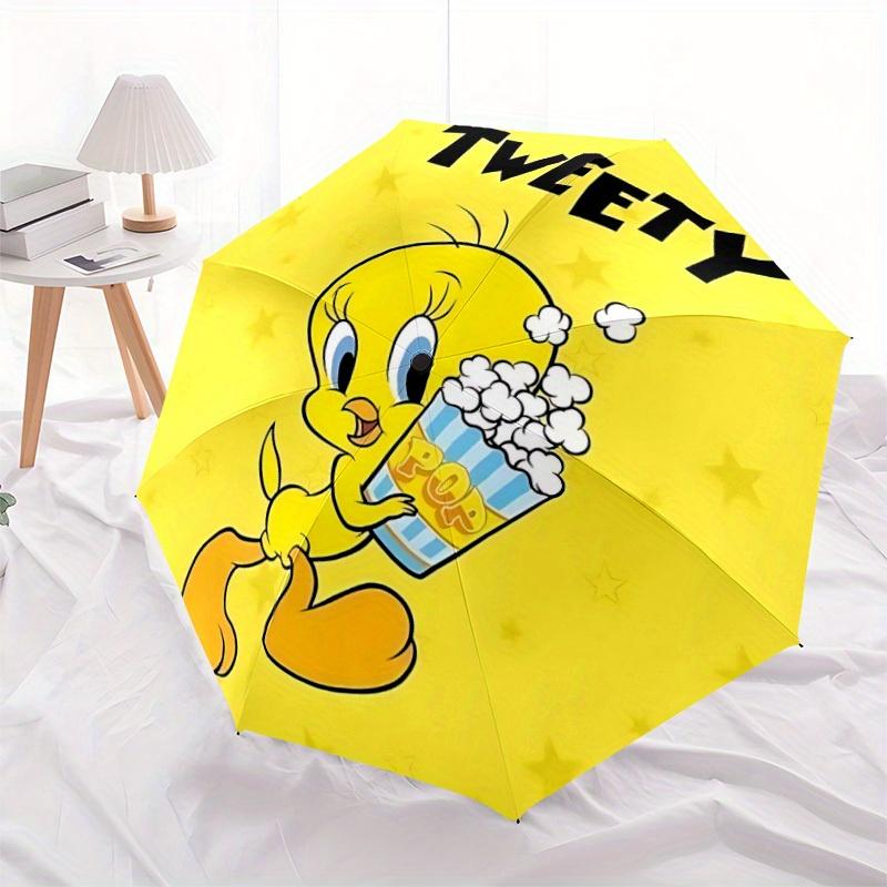 1PC Looney Tunes Tweety Popcorn Automatic Open/Close Umbrella - Compact Travel Umbrella, 8-Rib Heavy-Duty Construction, Ideal Gift a0828179