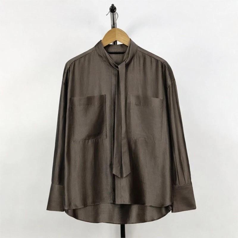 Women Satin Blouse Long Sleeve Elegant Office Shirt Female Tie Neck Loose Fit Solid Color Tops Fashion Casual Clothes Summer