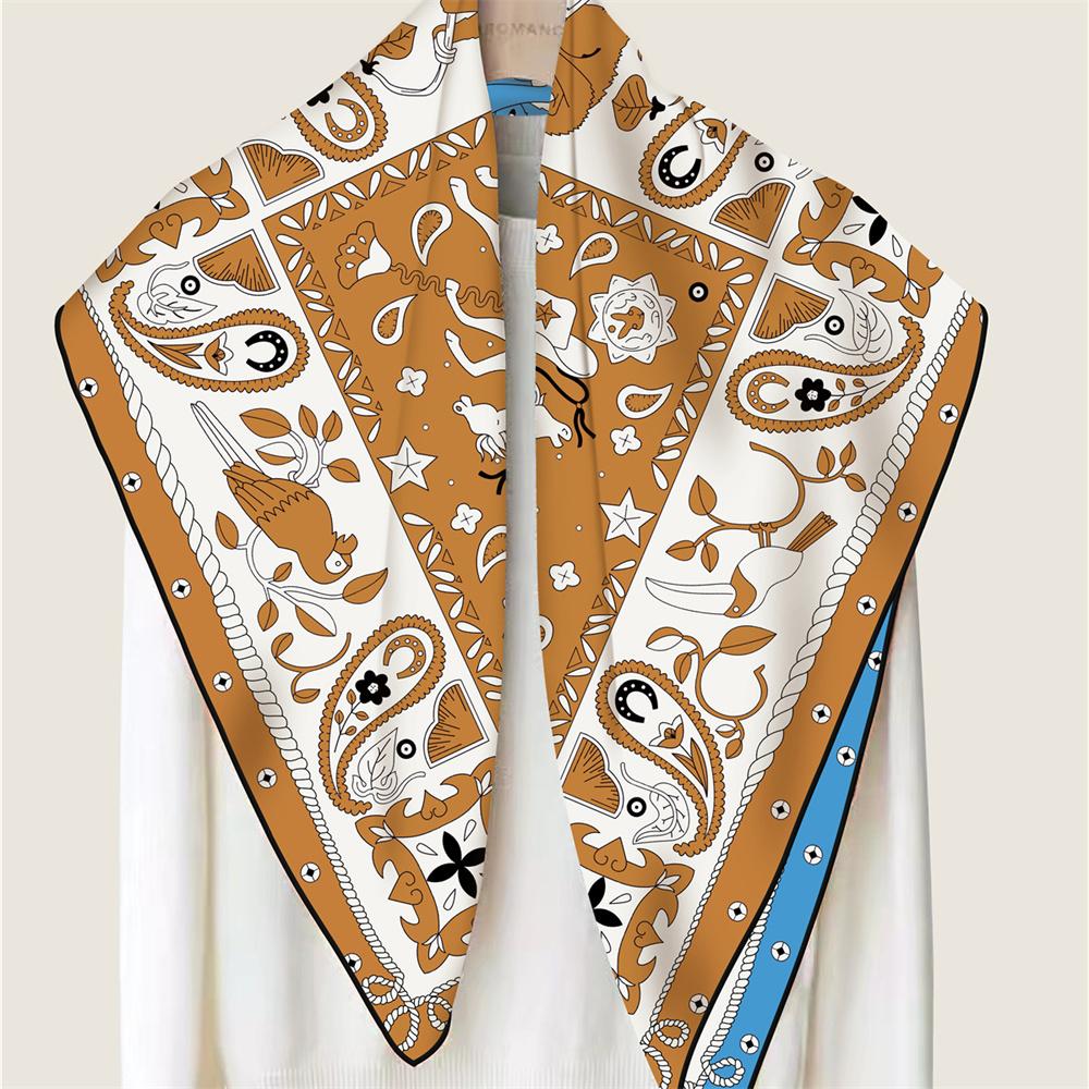 POBING Manual Hand Rolled Twill Silk Scarf Women Animals Double Print Square Scarves Wraps Echarpes Foulards Femme Hijab 90CM