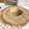 New Summer Straw Hat Hollow Ladies Beach Sun Hat Womens Large Brim Leisure Solid Color Fur Edge Raffia Straw Hat