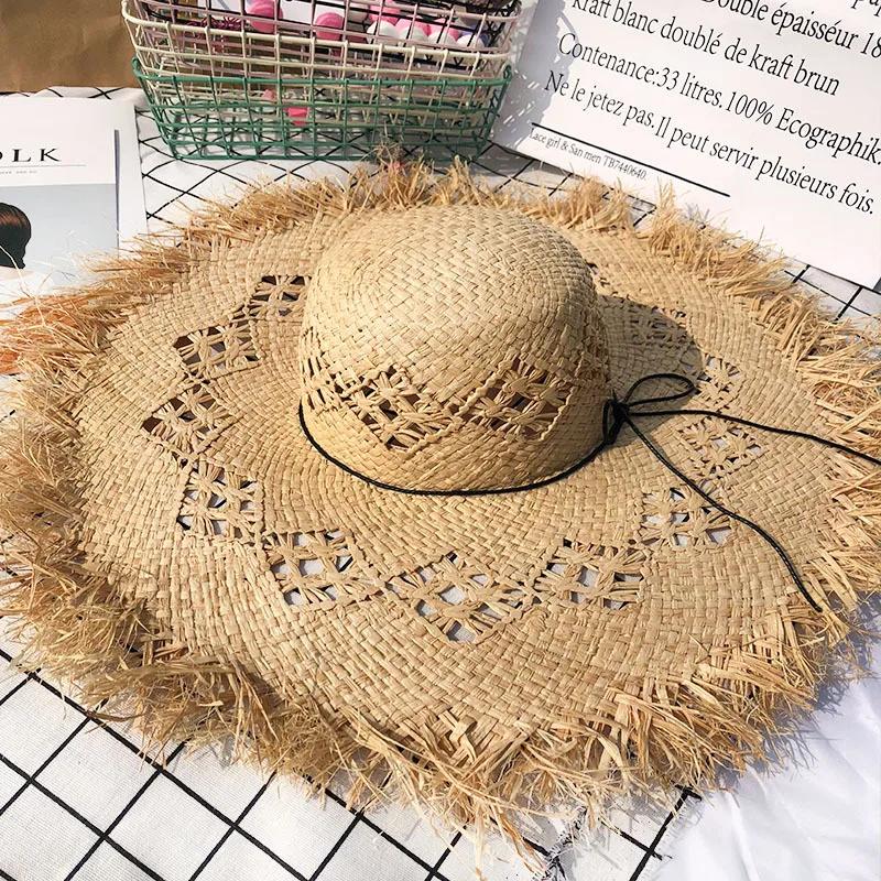 New Summer Straw Hat Hollow Ladies Beach Sun Hat Womens Large Brim Leisure Solid Color Fur Edge Raffia Straw Hat