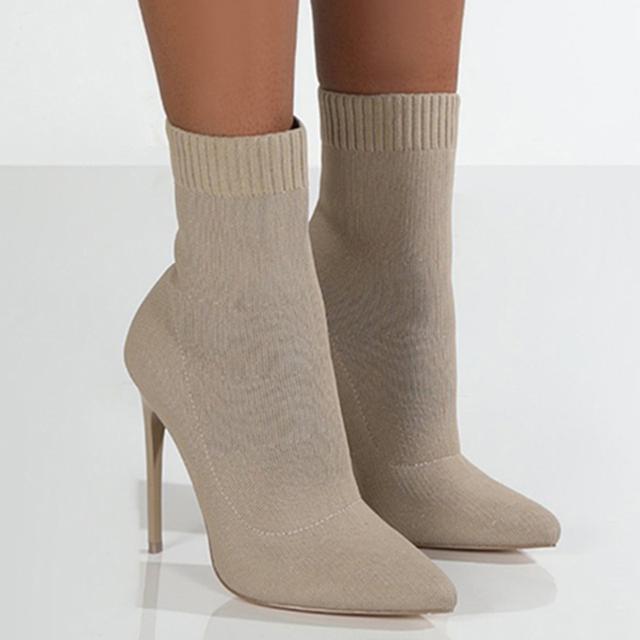 Женские ботинки короткие туфли на высоком каблуке женские осенне-зимние вязаные ботильоны Botas Mujer черные носки женские ботинки на каблуке 43 бежевый 3384₽
