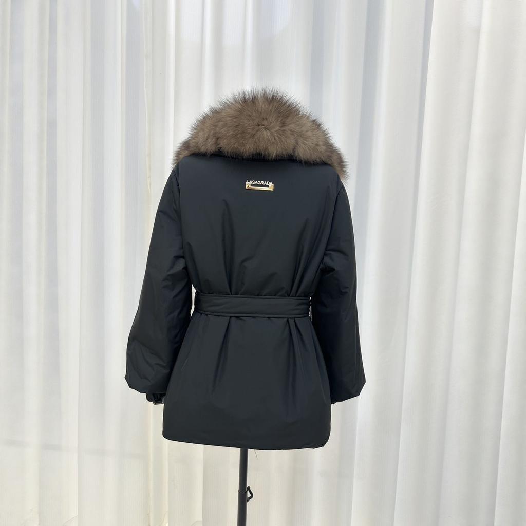 New natural fox big fur collar white duck down jacket women's short waist lace-up fashionable thickened coat