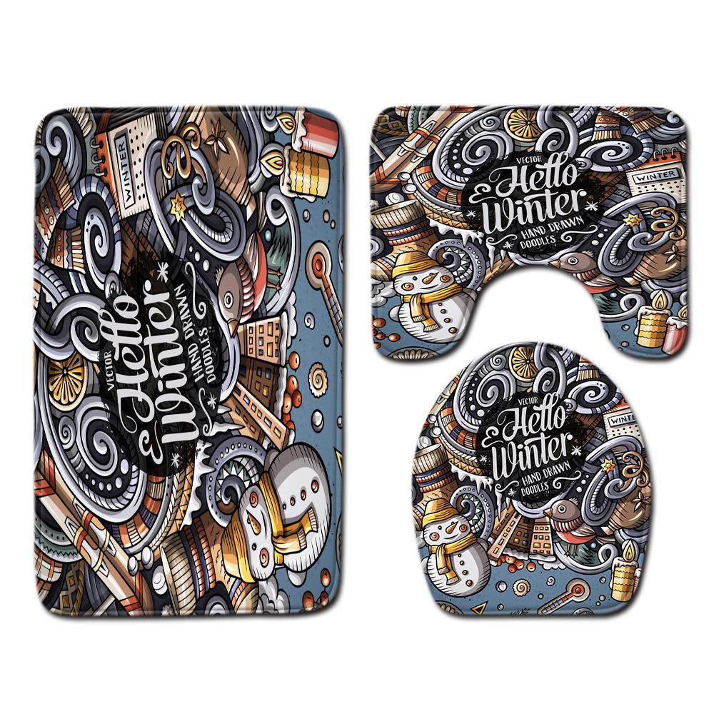 Christmas Shower Curtain Floor Mat Combination Four-Piece Set Bathroom Toilet Carpet Shower Room Mat Foot Mat