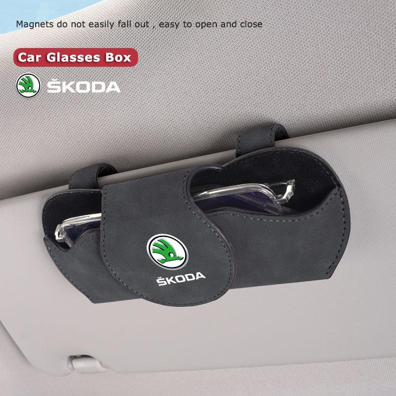 Car Suede Glasses Box Case Sun Visor Sunglasses Clip For Skoda Octavia Kodiaq Enyaq iV Kamiq Scala Superb Fabia Rapid Karoq Yeti