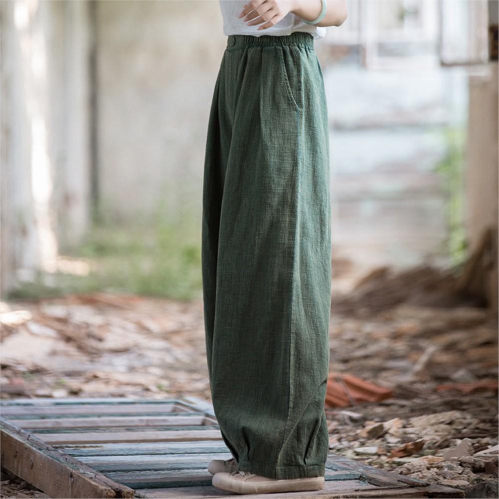 Johnature Women Vintage Harem Pants Summer Chinese Style Solid Color Trousers Elastic Waist Long Pants