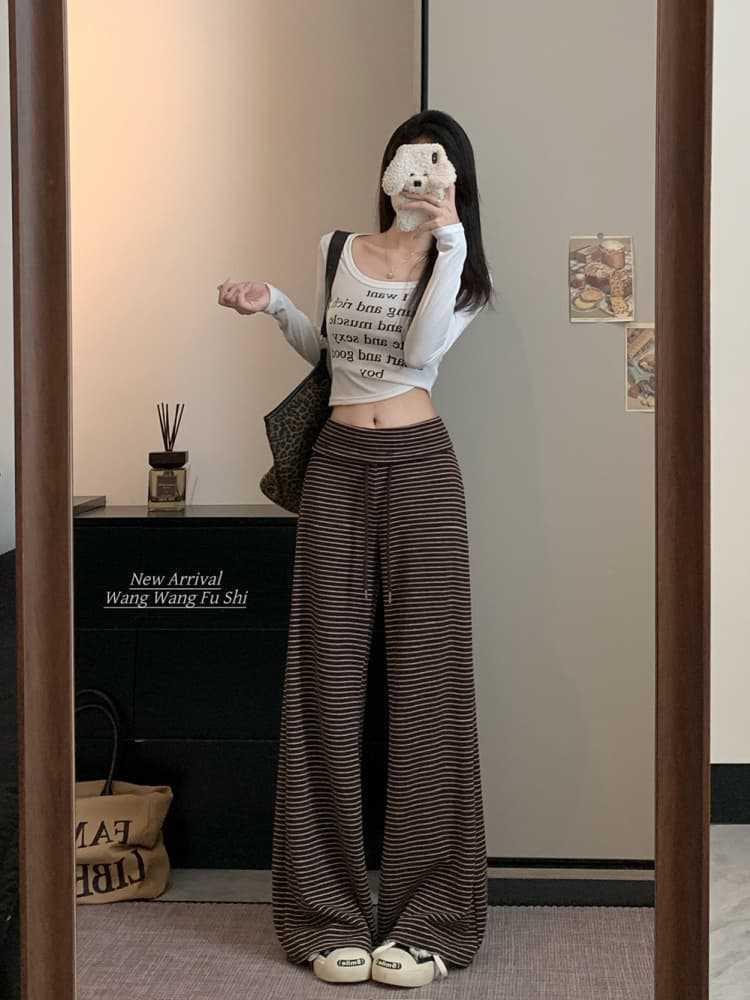 Autumn 2026 Women's Striped Drawstring Casual Pants - Floor-Length, Loose, Slimming Style