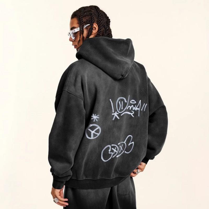 Unisex Winter Hooded Zip-Up Oversized Fleece-Lined Sweatshirt With Hand-Drawn Graffiti Print Daily Wear