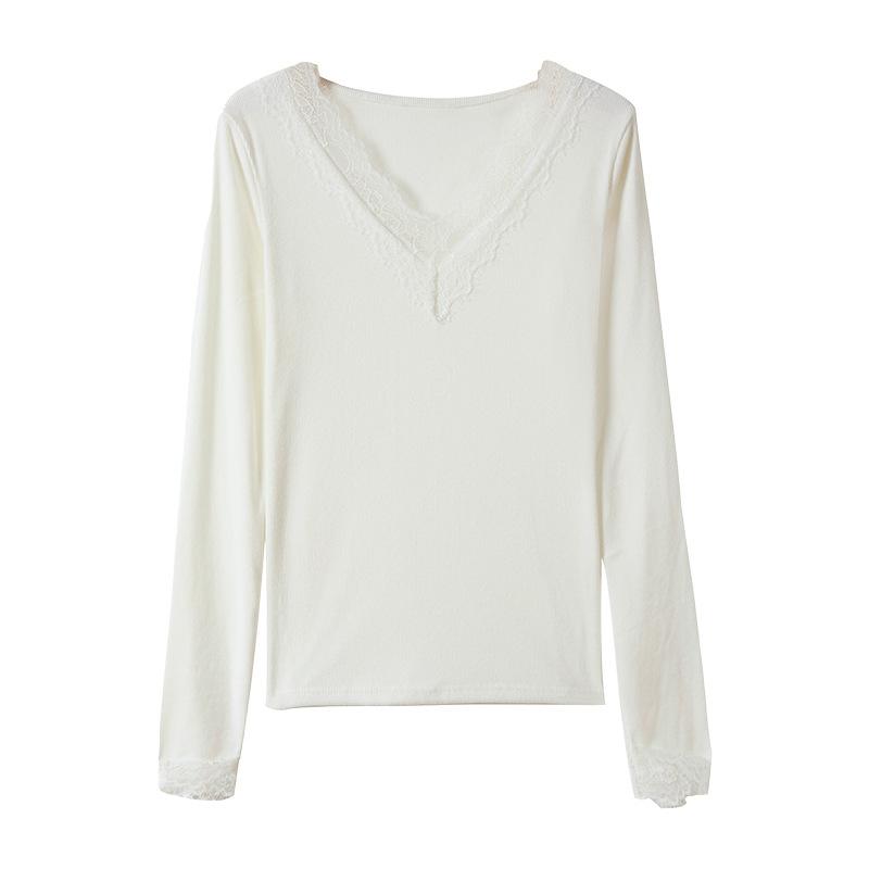 Jaro Podzim V-výstřih Krajkové Patchwork Jednobarevné Spodní Tričko Dámské Dlouhý Rukáv Slim Vše-k-sebe Ležérní Tričko Pulovr Top