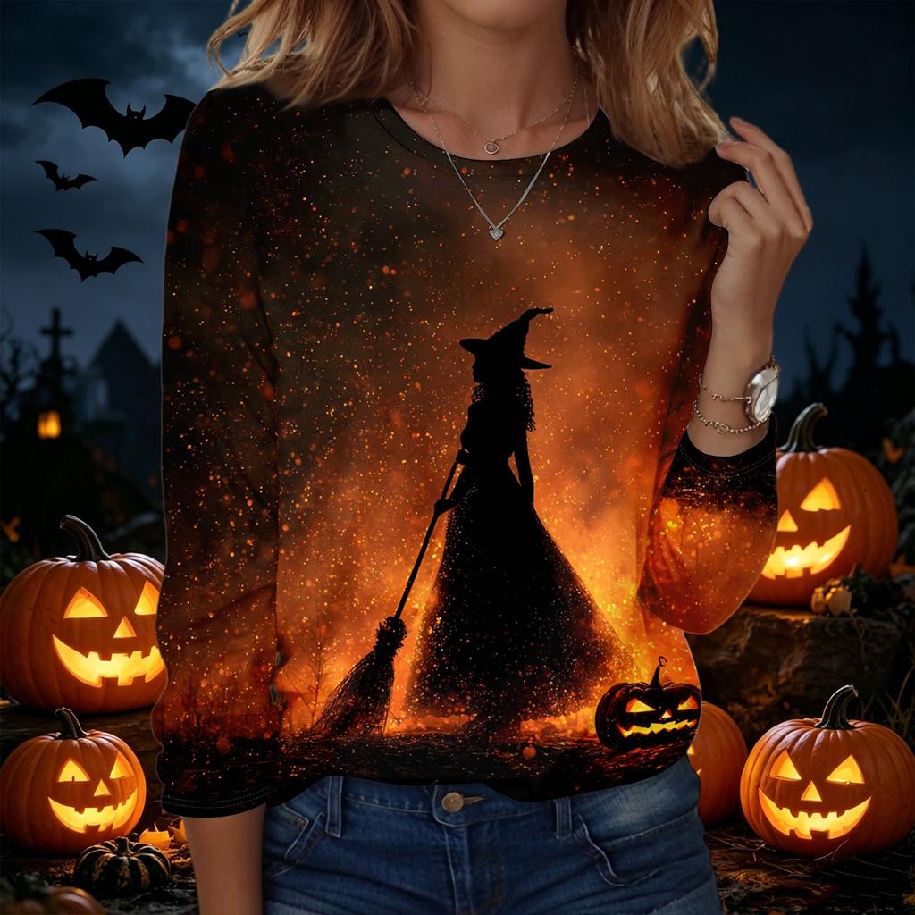 Women's Halloween Printed Pullover Sweatshirt Long Sleeve Crew Neck Casual Top for Fall and Winter Seasonal Wear