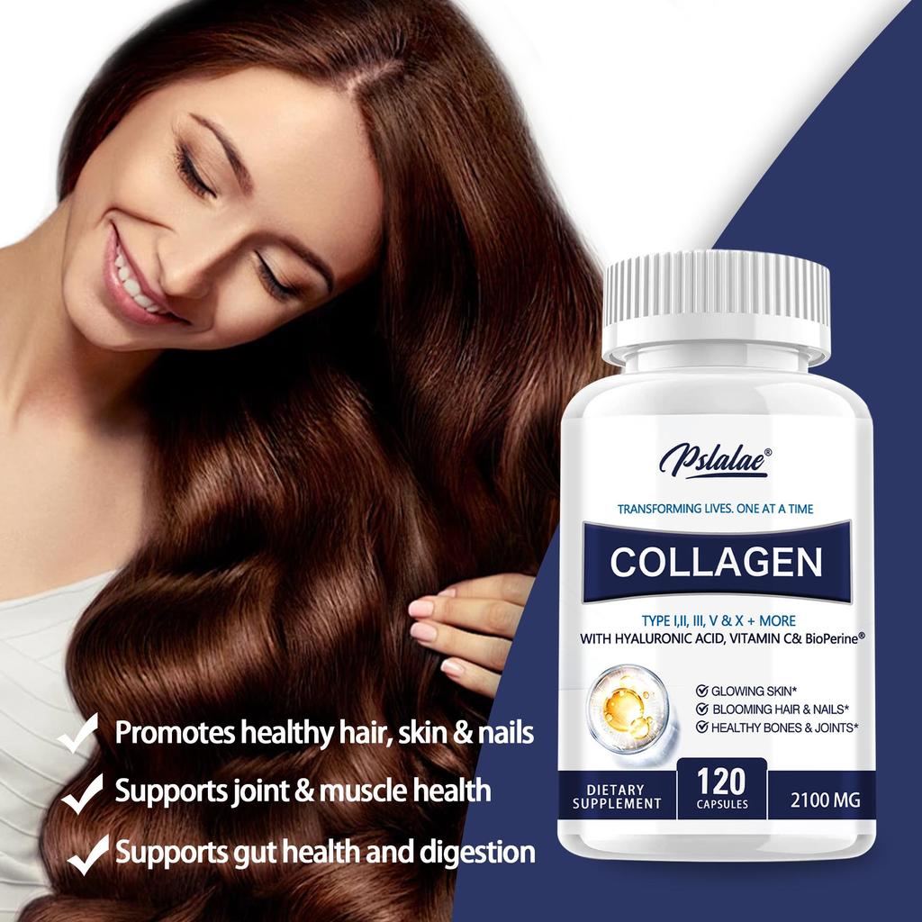 Premium Collagen Pills for Women - 120 Capsules, 2100 mg Grass Fed Collagen Supplements (Type I, II, III, V, X) + Vitamin C, Anti-Aging, Skin, Hair