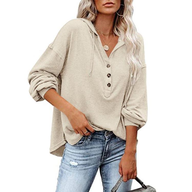 Autumn Winter Women Casual Solid Color Loose V Neck Hoodie Top Single Breasted Shirt