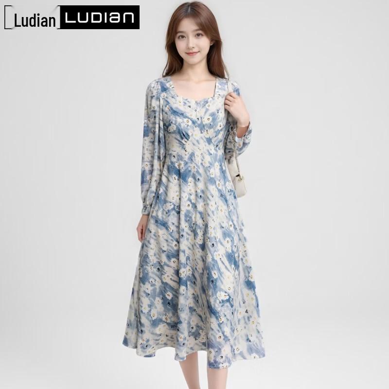 LUDIan Women s Long Sleeve A-Line Print Dress M