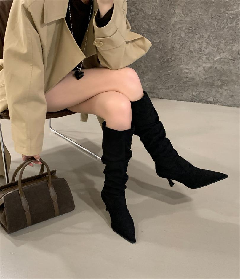 High Heel Pointed Khaki Suede Pile Boots Women's Shoes 2025 Autumn and Winter Single Boots Skinny Long Knight Boots