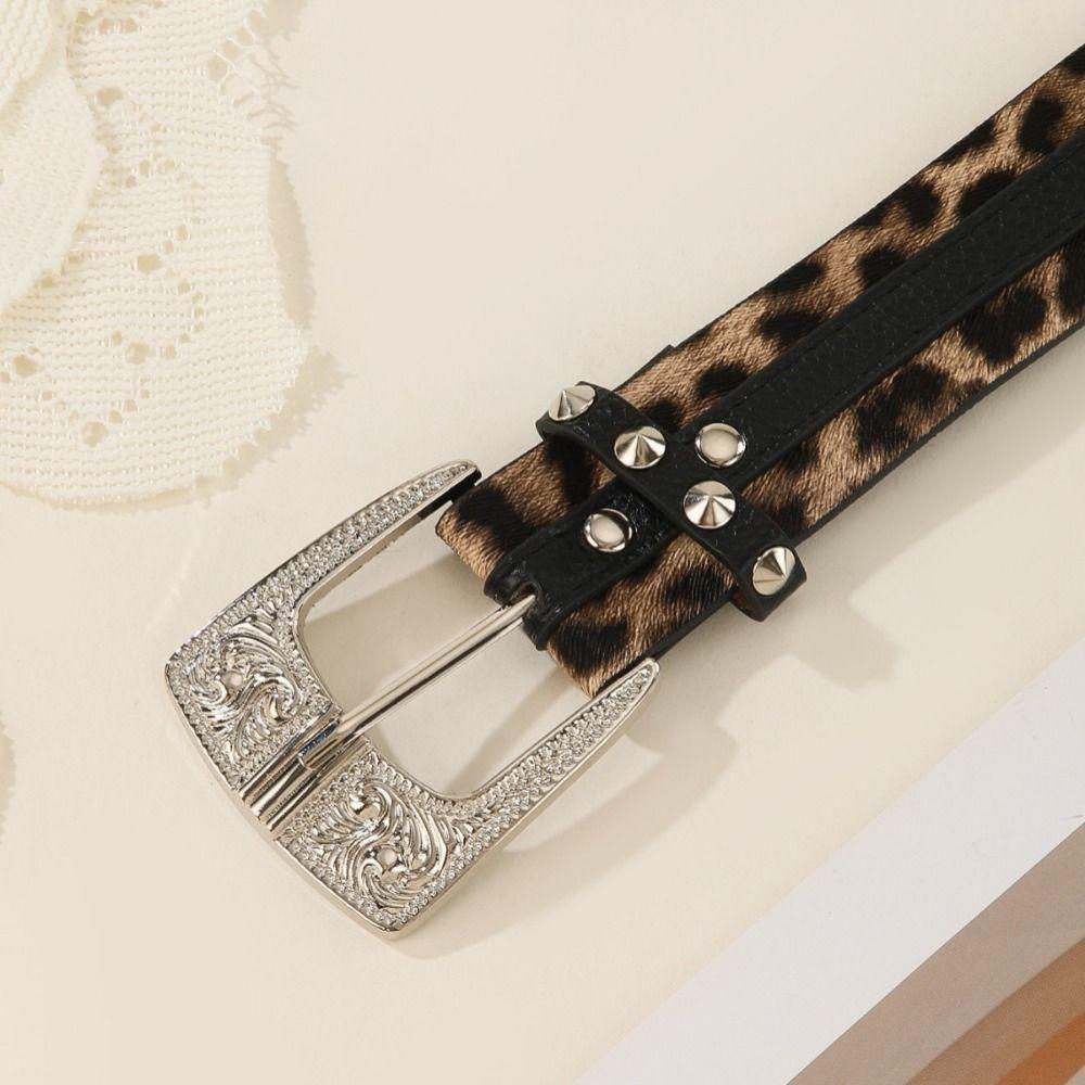 Rivet Decor Leopard Print Belt Pin Buckle Studded Belt Retro PU Leather Belt Street Outfits
