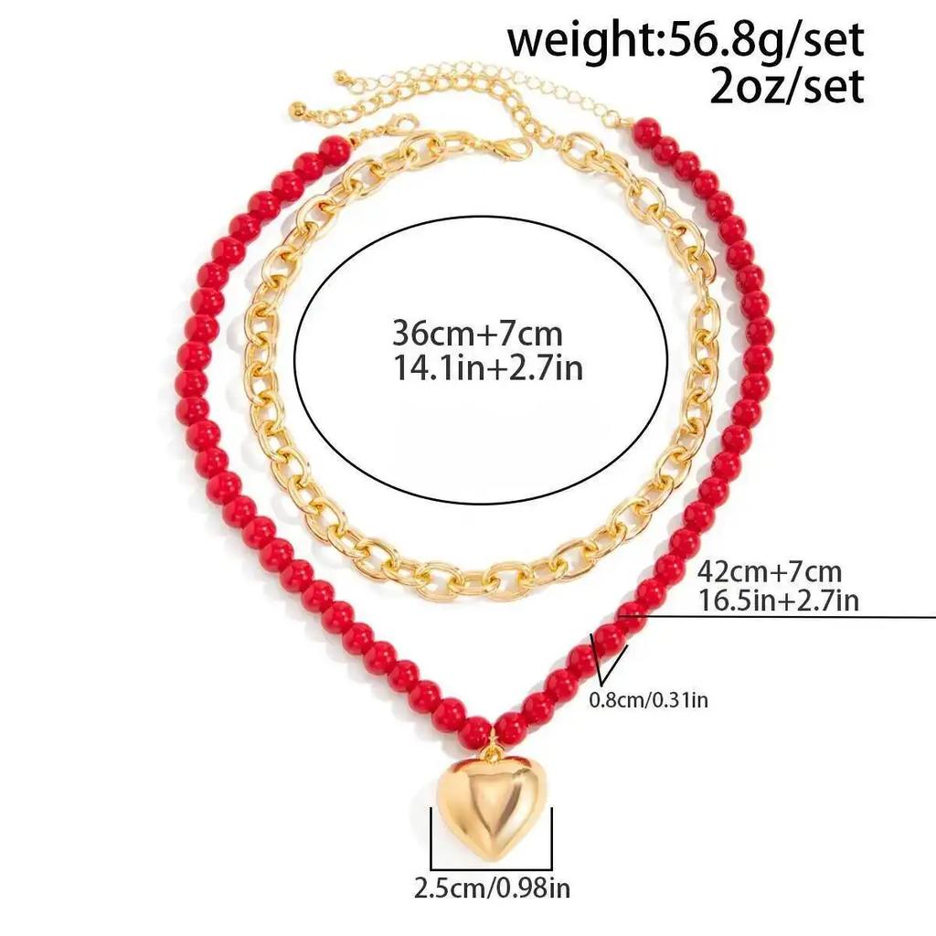 Neue Mode 2 Stück/Set Punk Metall Liebesherz Anhänger Halskette Damen Trendige Rote Acryl Perlen Schlüsselbein Kette Täglicher Schmuck Geschenke