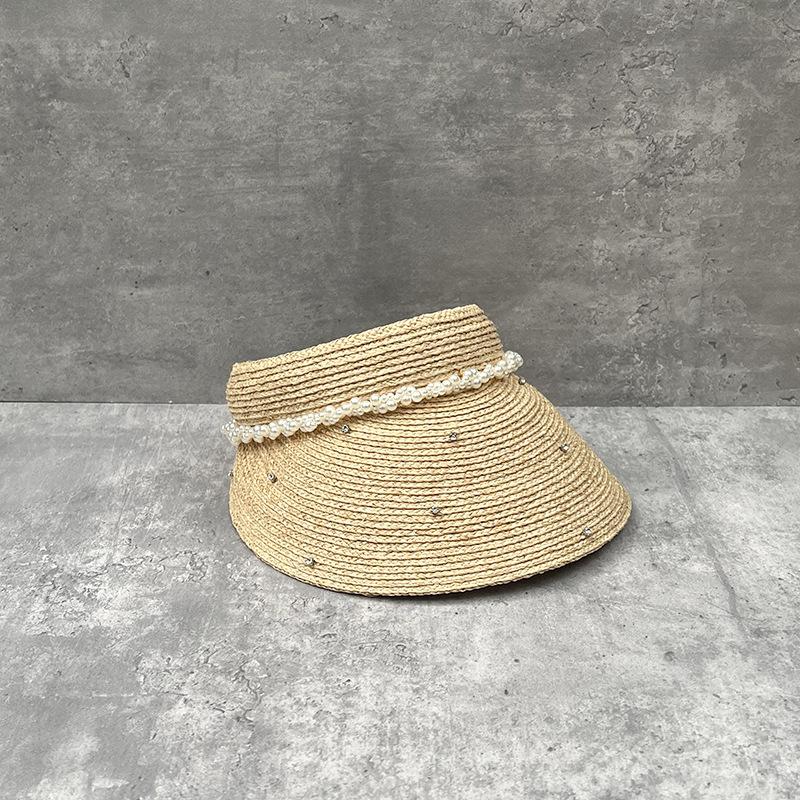 25 Spring And Summer Raffia Roofless Straw Hat Women'S Light Luxury Rhinestone Pearl Empty Top Hat Breathable Sun Hat Design Sense
