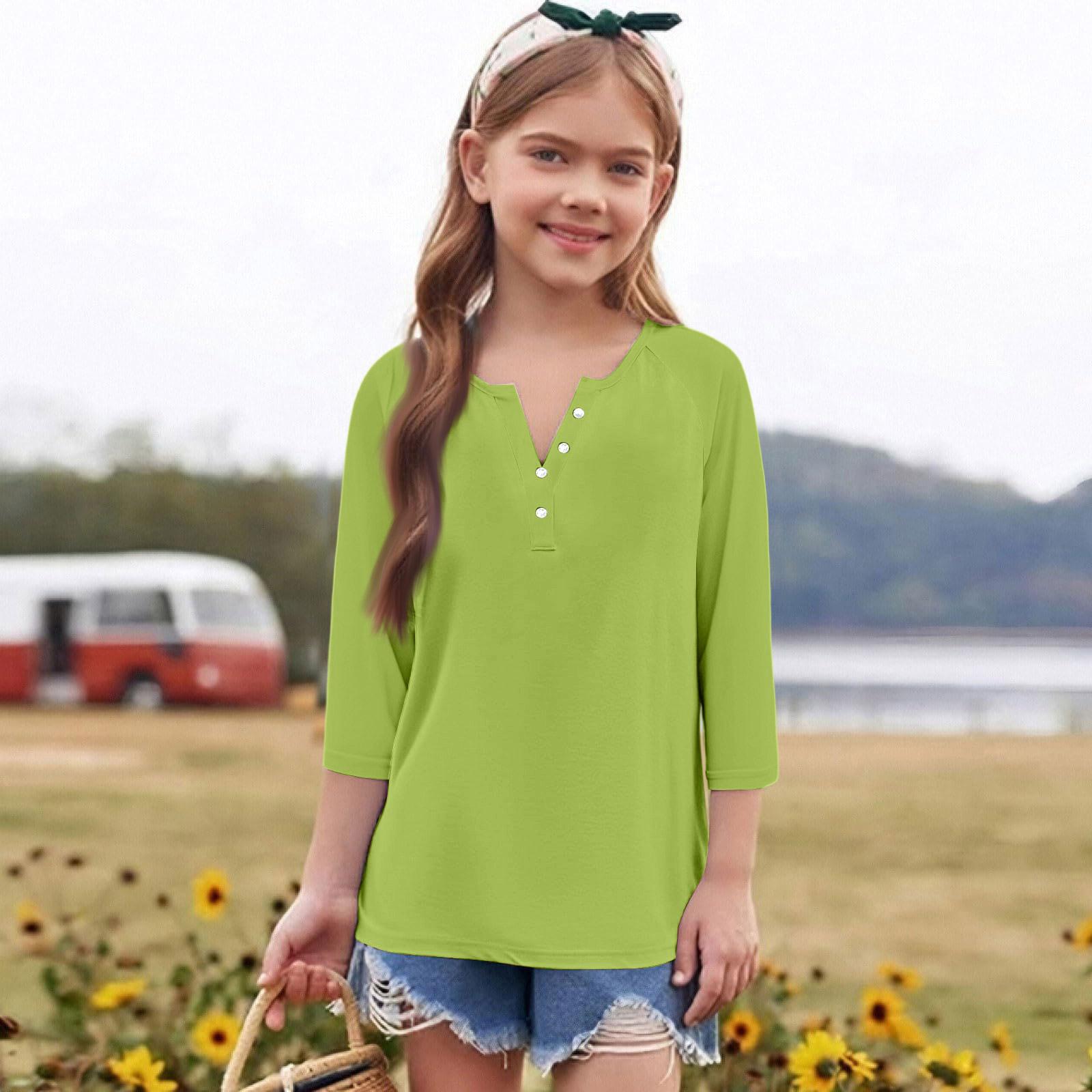 

Print Tops For Youth Girls Round Neck 3/4 Sleeves T-Shirts Trendy Tops Outfit Tees 110 армия зеленый