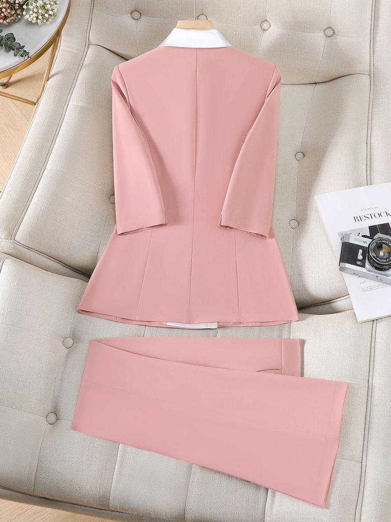 Women's Elegant White Suit Set: Color Block Jacket & Flare Pants