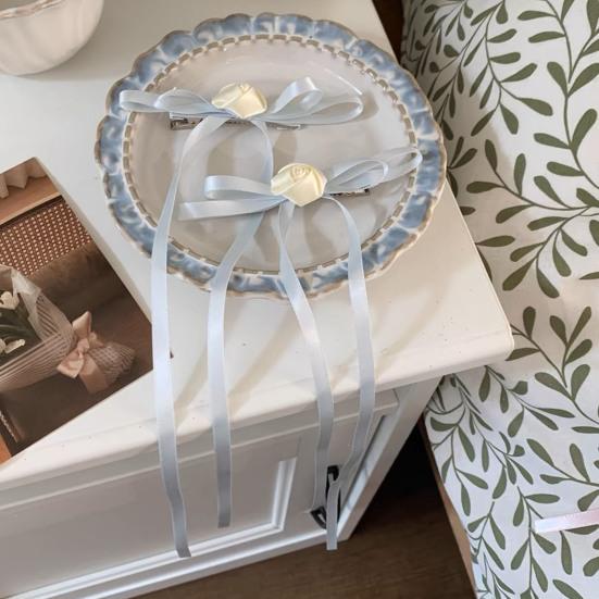 2Pcs Hairpin Satin Ribbon Bowknot Rose Flower Decor Hair Clip Firm Grip Low Ponytail Hairpin Daily Commuting Hair Accessory