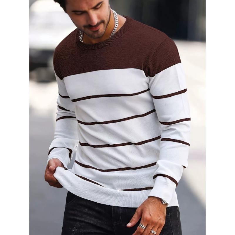 Men's Black Yoke White Stripe Knit Sweater Daily Casual Long Sleeve Pullover
