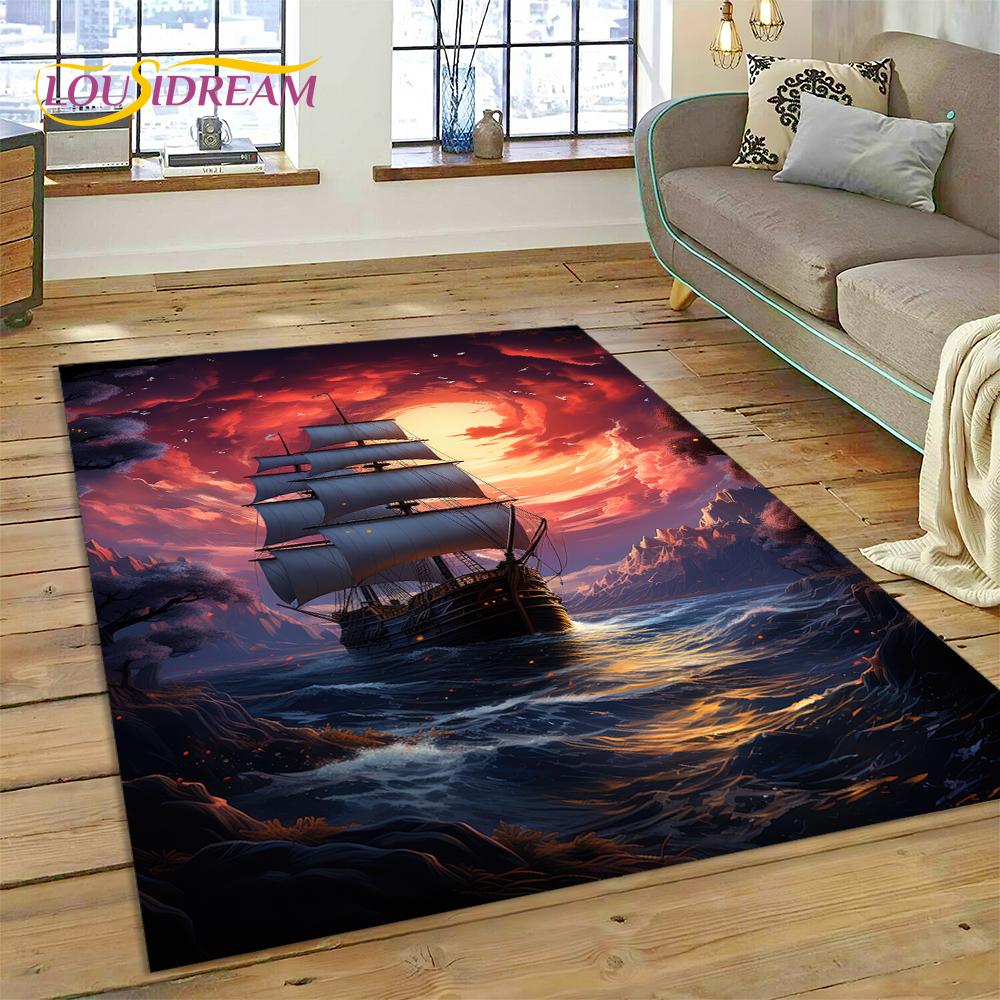 Ancient Pirate Ship Boat,Barque,Sailboa Rug Carpet for Living Room Bedroom Decor,Floor Mat Non-slip Decoration for Sofa Doormat