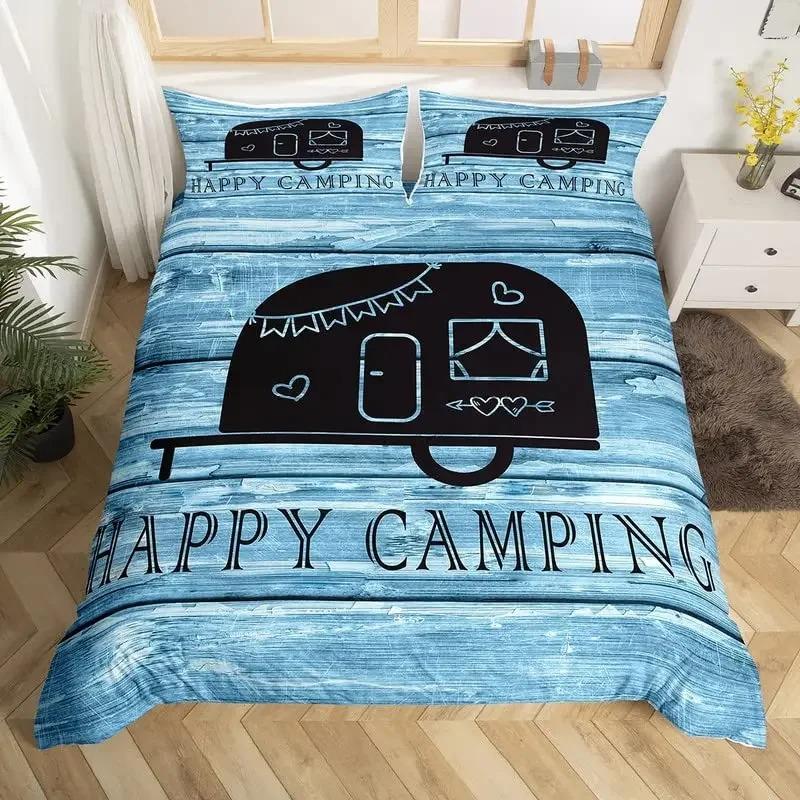 Happy Camping Bedding Set Camper Car Duvet Cover King Queen Microfiber Smoky Mountain Wood Print Quilt Cover Set For Girls Boys