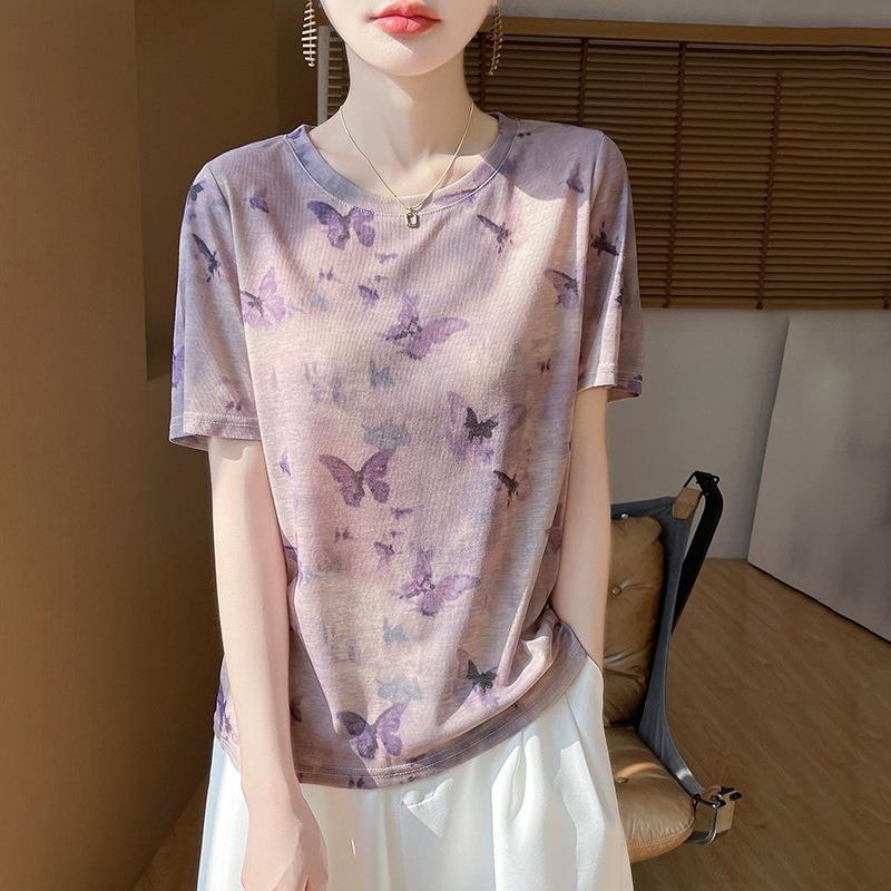 Women's New Summer Tie-dye Ink Painting Short-sleeved Casual Versatile Thin Positive Shoulder Round Neck T-shirt