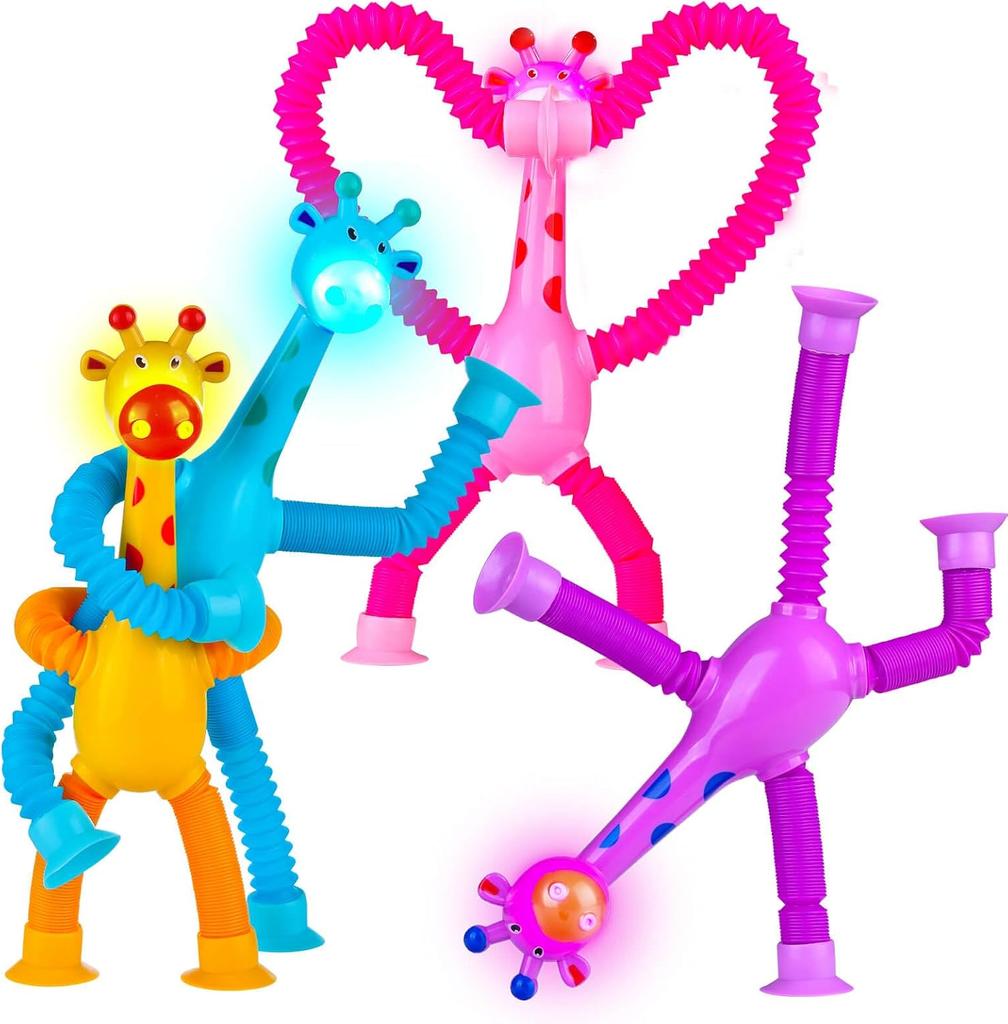 LED Giraffe Pop Tube Suction Cup Toys 4PCS, Easter Basket Stuffers Fidget Sensory Toys Telescopic Suction Cup Giraffe Toy