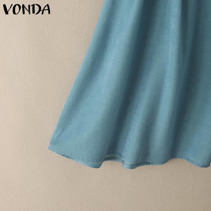 VONDA Summer Women Sleeveless Belt Waist Casual Pleated Dress