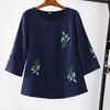 Women Summer T-shirt Flower Embroidery Three-quarter Sleeve Loose Plus Size Round Neck Match Pants A-line Breathable Retro Spring Summer Top Women