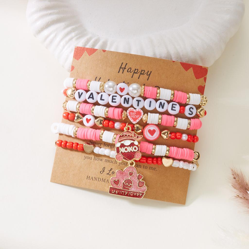 6Pcs/Set Romantic Love Heart Pendant Bracelets for Women Girls Cute Pink Soft Clay Beaded Bangles Valentine's Day Jewelry Gift