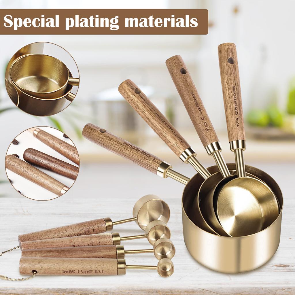 8 Pcs Stainless Steel Measuring Cups Spoons Wooden Handle Coffee Measuring Spoon Set Gold Measure Cup Baking Tools for Kitchen