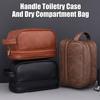 Men Travel Toiletry Bag Faux Leather Waterproof Toiletry Organizer with Side Handle Wet Compartment Shaving Accessories Storage Bag