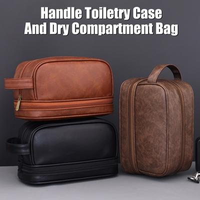 Men Travel Toiletry Bag Faux Leather Waterproof Toiletry Organizer with Side Handle Wet Compartment