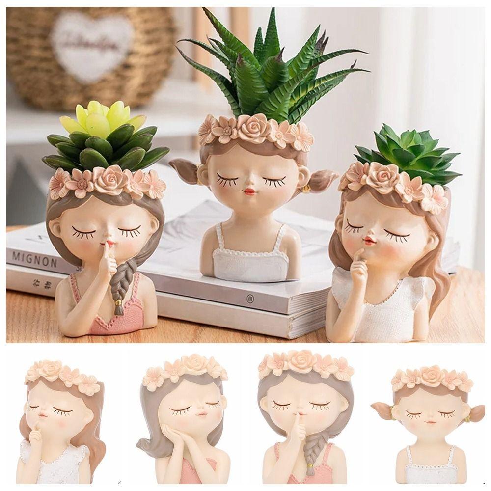 Resin Girl Decorative Planters Drainage Hole Succulent Cactus Planter Pot Office Decoration