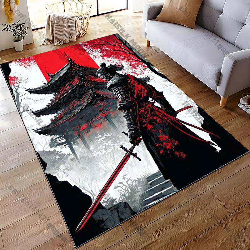 Samurai warrior and Japanese temple carpet Yoga living room room decor children's crawling mat doormat area rug games mat