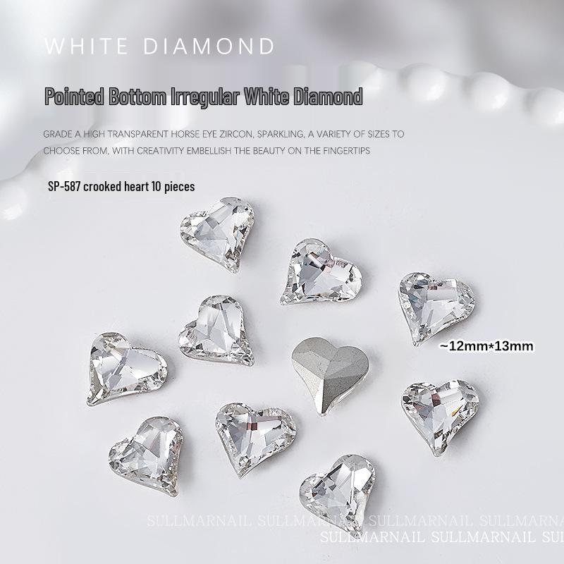 Nail Art Rhinestones Set: Heart, Crooked Heart, White Diamond, Peach Heart, Square, and Transparent Shapes (10 Pieces)
