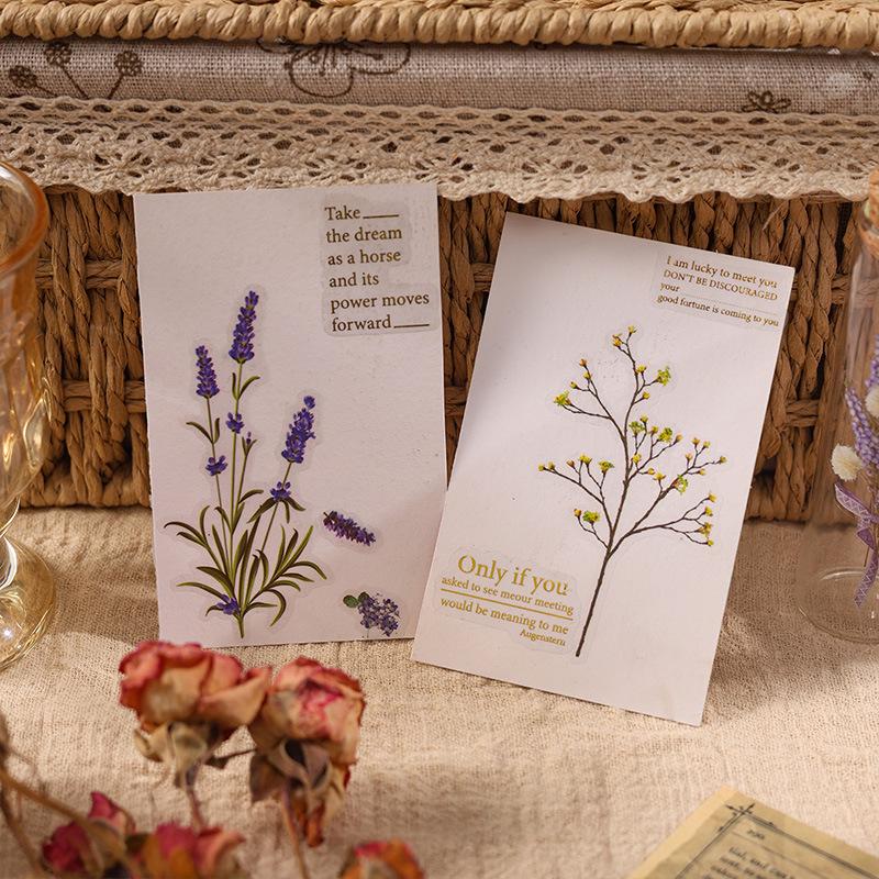 Retro Floral PET Stickers - Realistic Dried Flower Designs for Journals & Crafts