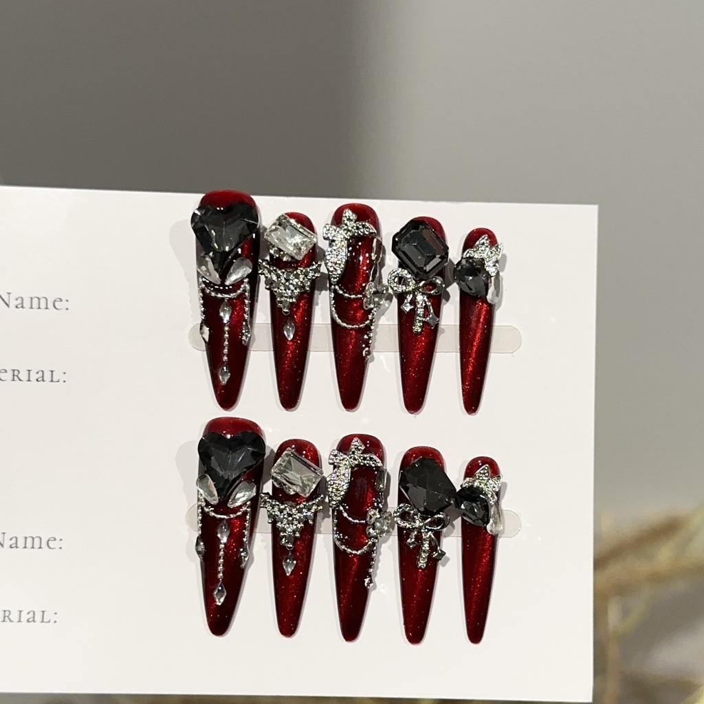 Handmade Red Press On Nails With Rhinestones Long Stiletto Fake Nails Reusable Acrylic False Nail Full Cover Glue On Nail Stick On Nail for Women