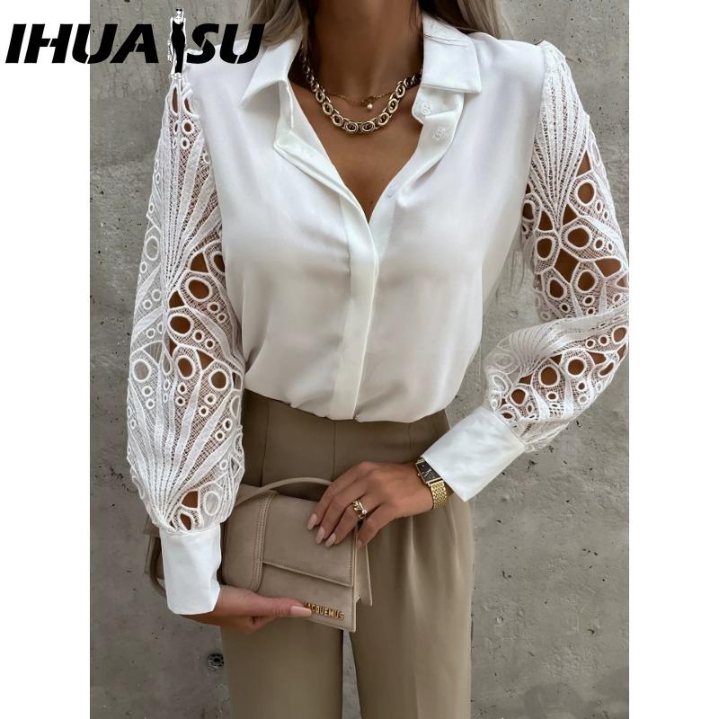 

IHUASU Женская Мода Повседневные Однотонные Блузки и Рубашки с Принтом и Длинным Рукавом и Воротником ПОЛО XXL белый