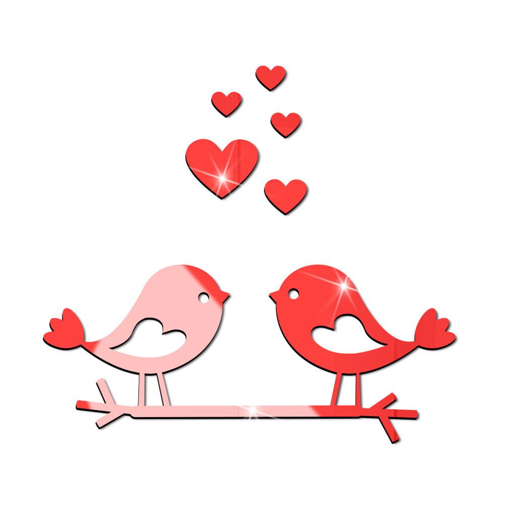 Acrylic Branch Bird Love-shape Mirror Sticker 3d Waterproof Self-adhesive Diy Valentine Day Decoration Mirror Wall Sticker