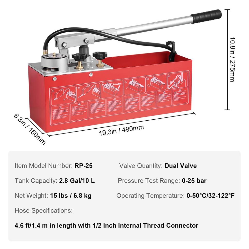 Hydrostatic Test Pump, Max 25 Bar/362 PSI, Dual Valve Hydraulic Manual Water Pressure Tester Kit with Gauge 10L Water Tank, 1.4 M Hose with 1.27 Cm
