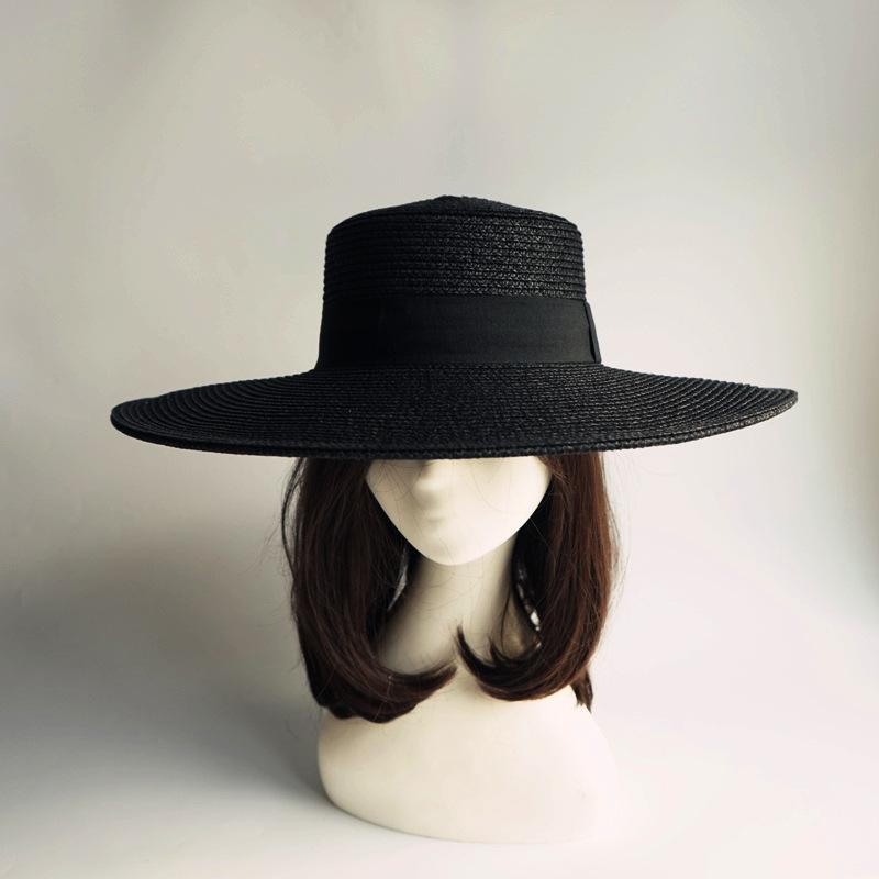 Black Big Brim Flat Top Top Hat Women'S Summer Shade Holiday Beach Sun Straw Hat French Vintage Foreign Trade Seaside