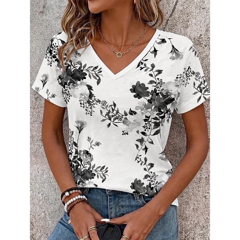 Women's T Shirt Print Floral Graphic Stylish Classic Casual Short Sleeve V Neck Regular Tops Casual Daily Blue White Pink Summer Spring