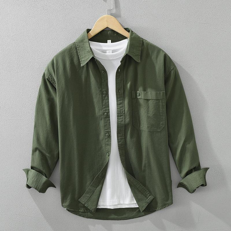 Frühling und Sommer 100 Baumwolle Langarm Herrenhemd Täglich Vielseitiges Freizeit-Oberteil Einfarbiges Hemd mit Tasche Schlichter Stil Herrenbekleidung